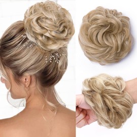 Hairro Messy Hair Bun Extensions Hair Piece Curly Wavy Scrunchies Synthetic Chignon Ponytail Fake Hair Bun Hairpiece for Women Hair Updo Donut Amber & Bleach Blonde 25g/pc