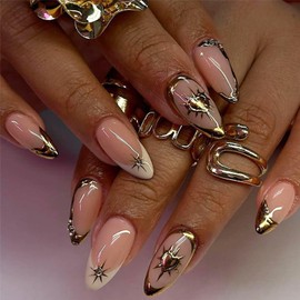 Gold Press on Nails Short Almond French Tips False Nails 3D Metal Chrome Gold Line Acrylic Fake Nails with Heart Star Design French Glue on Nails Almond Shaped Stick on Nails for Women Girls 24 Pcs