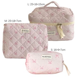 Quilted Small Makeup Bag with Bow Compact Cosmetic Pouch for Handbags, Lightweight Travel Organizer for Women