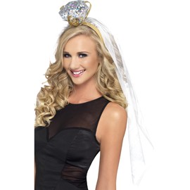 Smiffys Hen Night Ring Headband, White with Veil, Hen & Stag Night Fancy Dress, Hen Party Dress Up Hen & stag / adult items