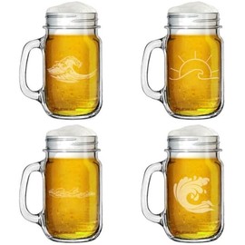 16oz Mason Jar Glass Mug w/Handle Gift Set of 4 Wave Ocean Lake River Collection