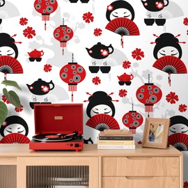 LaCheery Japanese Wallpaper Peel and Stick Red and Black Wallpaper Art Deco Fan Tea Time Lantern Eastern Lady Wall Paper Self Adhesive White Contact Paper for Walls Cabinets Bedroom Bathroom 17.5"x80"