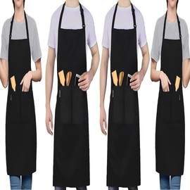 LEFUNDA® Cooking Apron Waterproof Apron with 3 Pockets Adjustable BBQ Apron with Long Straps Kitchen Apron for Men Women Kitchen Restaurant Cafe, 4 x apron - black - large