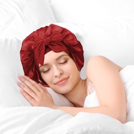 Yuanchu Satin Bonnet for Sleeping Women, Soft Adjustable Elasticity Band Satin Cap for Sleeping, Double Layer Satin Lined Hair Bonnet with Tie Band for Women Curly Hair Red