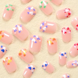 Vezocim Press on Nails Short Square Nude Heart Glossy Full Cover Short Coffin Acrylic Fake Nails with Colorful Heart Designs False Nails with Glue Stick on Fingernails for Women