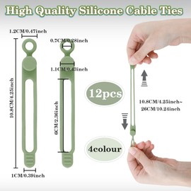 12Pcs Silicone Cable Ties, Reusable Cable Ties Management Organizer, Cord Wraps for Charging Cords, Multicolor Cable Straps, Cable Ties for Charging Cords, Computer Headphone Cable Cord Ties Reusable