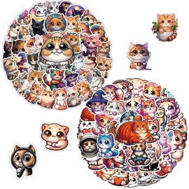 100 pcs Vinyl Cat Stickers - Cute & Kawaii Kitty Faces, Space Cats, Magic Cats & Gaming Cats, Waterproof for Water Bottles, Laptops, Planners - Perfect for Kids & Teens