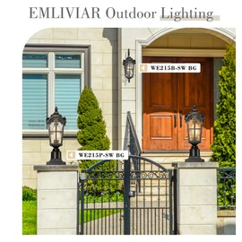 Emliviar Vintage Outdoor Lighting Fixture Wall Sconces with Water Ripple Glass, 17.5" Front Porch Wall Lantern, Black Finish with Gold Edges, WE215B-SW BG