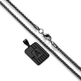 Beljeley Initial Letter A-Z American Flag Tag Pendant Necklace with Black Chain, Stainless Steel Necklace for Men (A)