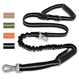 PUPTECK Heavy Duty Bungee Dog Leash for Medium Large Dogs, No Pull Tactical Dog Leashes with Double Handles for Training, Reflective Dog Leash with Car Seatbelt and Quick Release Buckle, Black