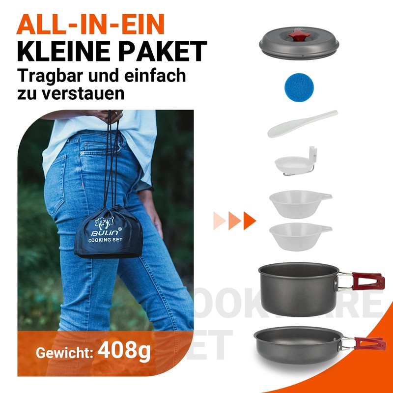 Bulin 3/5/11/13/20-Piece Camping Cookware Set, Aluminium Ultralight Stackable Outdoor Pot/Pan/Kettle