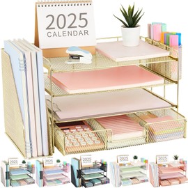 gianotter Paper Letter Tray Organizer with File Holder, 4-Tier Desk Accessories & Workspace Organizers with Drawer and 2 Pen Holder, Desk Organizers and Accessories for Office Supplies