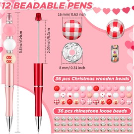 12 Pcs Valentines Beadable Pens for Women Kids Plastic Bead Pens with 36 Pcs Pink Heart Wooden Farmhouse Beads 36 Crystal Beads Assorted Ballpoint Pencil for Kids Birthday Gift School Office