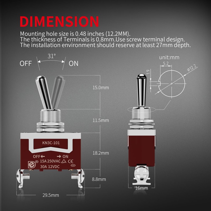 DaierTek Waterproof Toggle Switch 12V DC 30A Heavy Duty 2