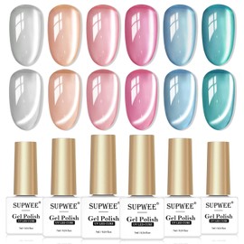 SUPWEE Cat Eye UV Gel Nail Polish Set 7 ml Spring Summer 6 Colours Moonlight Cat Magnetic Gel Nail Polish with 1 Magnet Soak-Off 9D Holographic Magnetic for Nail Art Manicure Salon