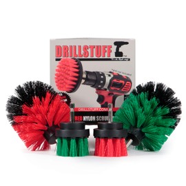 Drillstuff 4-Piece Cordless Drill Scrub Brush Attachment Kit, Medium Green and Stiff Red Versions, Stainless Steel Handle