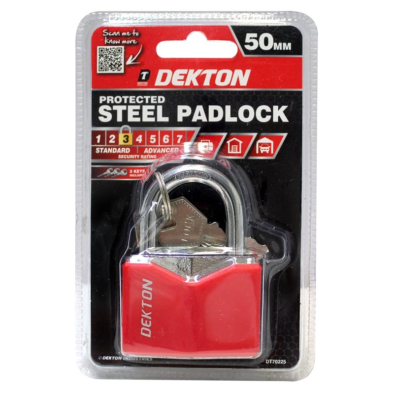 Dekton DT70225 50MM Covered Steel Padlock, Black and Red