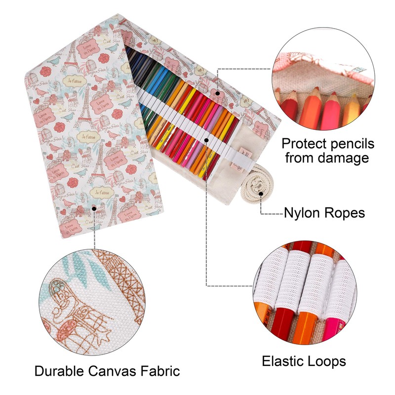 MengH-SHOP Canvas Pen Roll 72 Holes Coloured Pencils Pencil Case