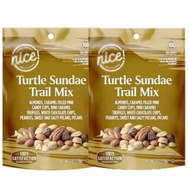 Turtle Sundae Nice Nut Trail Mix: Almonds, Caramel Filled Mini Candy Cups and Truffles, White Chocolate Chips, Peanuts, Sweet and Salty Pecans - Snack Snacking Food Treat - 2, 6oz Bags