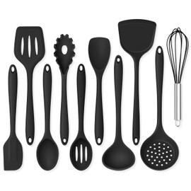 Onader Silicone Cooking Utensils Set, 10 Pieces Black Kitchen Utensils for Nonstick Cookware, Non Toxic & Dishwasher Safe