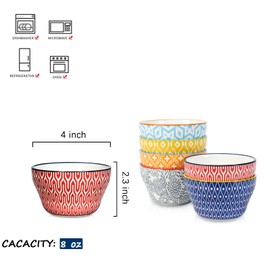 Selamica Ceramic 8oz Bouillon Cups 4 Inch Small Bowls, Dessert bowls for Soup Dipping Sauce Coffee Cupping, Microwave Dishwasher Safe, Set of 6, Assorted Colors