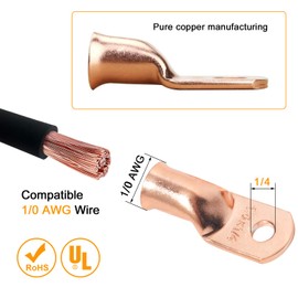 SVAAR 10pcs 0 Gauge Copper Lugs 1/0 AWG-1/4 Ring Terminal Heavy Duty Wire Lugs,Battery Cable Ends,1/0 AWG Cable Lugs terminals,Battery Terminal Connectors 10PCS 1/0 Gauge Lugs +10PCS 3:1 Heat Shrinks