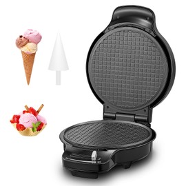 FOHERE Waffle Cone Maker Machine and Ice Cream Bowl Maker with Browning Control, Double Side Nonstick Waffle Bowl Maker with Cone Roller, 7.5” Thin Waffle Maker for Home Kitchen
