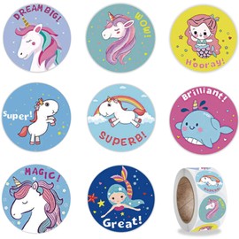 RORANIC Cute Unicorn Mermaid Princess Stickers Roll for Girls,500Pcs 2.5CM/1IN Reward Stickers for Classroom Birthday Party Favor (Unicorn Type A)