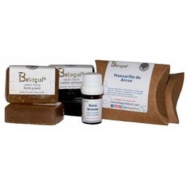 Kit seca granos, Belegui. Serum, jabones y mascarilla de arroz. Todo para una rutina de cuidado facial con productos naturales