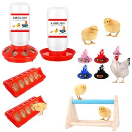 Chick Feeder and Waterer Kit,Automatic Chicken Feeder and Waterer Set with Chick Perch & Chicken Hats for Hen, for Baby Chicks, Ducks, and Quail.Chicken Coop Accessories
