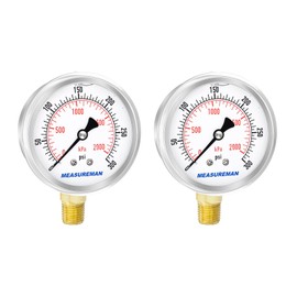 MEASUREMAN 2-1/2" Dial Size, Glycerin Filled Pressure Gauge, 0-300psi/kpa, 304 Stainless Steel Case, 1/4"NPT Lower Mount 2 Pack