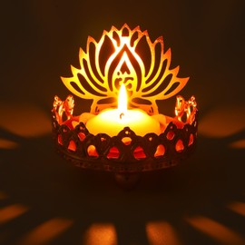 Daifunli Diwali Tea Light Candle Holder Metal Ganesha Shadow Lotus Ghee Oil Lamp Holders Diyas Gifts for Diwali Pooja Buddhist Altar Supplies for Temples Decor Gift Pooja Temple Mandir(Lotus)