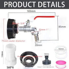 IBC Tank Outlet Tap with Spout Extension S60 x 6 Coarse Thread, 1000 L Water Tank Accessories Outlet Tap 3/4 Inch, IBC Container Connection Adapter for Water Tank
