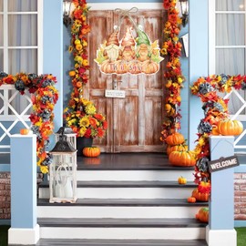 Happy Thanksgiving Welcome Door Sign, Retro Autumn Theme Gnomes Pumpkin Hanger Signs with Rope, Hanging Decoration for Thanksgiving Fall Home Front Door Wall Art Decor