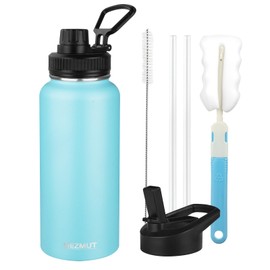 MEZMUT Insulated Water Bottle with Straw&2 Lids 32oz Metal Water Bottle Leakproof Travel Stainless Steel Water Bottles Reusable Double Wall Gym Sports Thermal Flask for Camping Hiking, Blue