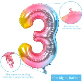 TONIFUL 40 Inch Rainbow Large Numbers Balloons 0-9, Number 3 Digital 3 Helium Balloons, Foil Mylar Big Number Balloons for Birthday Party Anniversary Supplies Decorations