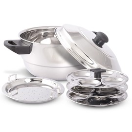 KSJONE Stainless Steel 5 pcs Multi Kadai (Induction Friendly) Idli Cooker with Stainless Steel lid, 3 idli Plates (12 Idlis), 1 patra Plate, Silver