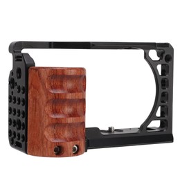 Metal Cage with Wood Handle for Alpha A6400 A6300 A6100 A6000 Camera Video Cage Rig, 3/8 Locating 1/4 Cold Shoe for Filming Vlog
