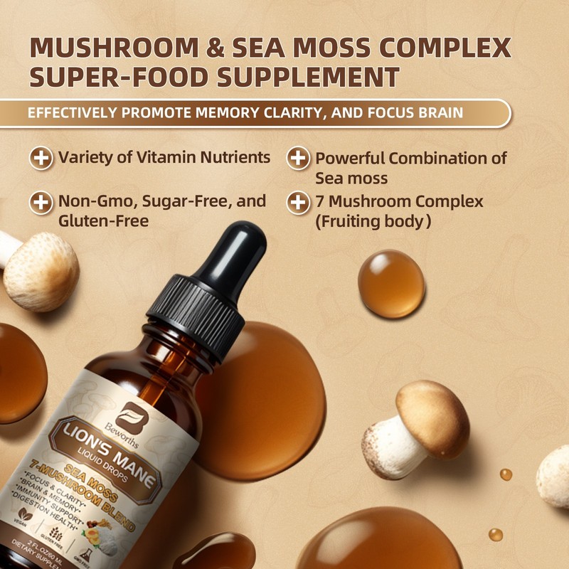 Lions Mane Mushroom Liquid Drops 7 Mushroom Complex for Cognitive