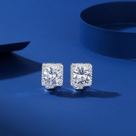 Painless 925 Sterling Silver Clip On Earrings with Cubic Zirconia in Square Shape for Women / Girls Without Pierced Earrings, Sterling Silver, None