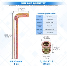 Glarks 50Pcs 5/16"-18 x 15mm Threaded Inserts Nuts Zinc Plated Carbon Steel Hex Socket Drive Furniture Flanged Screw-in Nut with M8 Hex Wrench for Wood Furniture (5/16''-18 x 15mm)