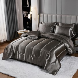 Silk Like Grey Comforter Set with Sheet Sets Queen 8 Pieces Satin Bedding Silky Bed-in-a-Bag Luxury Hotel Silky with 1 Cushion Cover