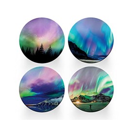 4 x Round Northern Lights Coasters - Norway Boraelis Men Women Set Theme House Warming Circle Drinks Kitchen Decoration Décor Gift #80214