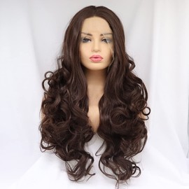 Xiweiya Wigs Long Curly Wig 6# Brown Synthetic Lace Front Wig Hair with Heat Resistant Fiber Middle Parting Dark Natural Hair for Women,Drag Queen Makeup Cosplay Party 24Inches