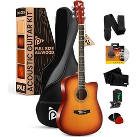 Pyle Steel String Acoustic Guitar Kit, 4/4 Full Size Cutaway All-Wood Guitarra Acustica with Premium Accessory Set and Upgraded Gig Bag, 41" Cherry Burst Glossy:_Brown Glossy