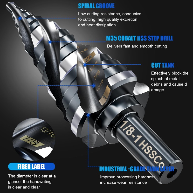 Four Spiral Flute M35 Step Drill Bit Set 1/8"-1"(9 Sizes),