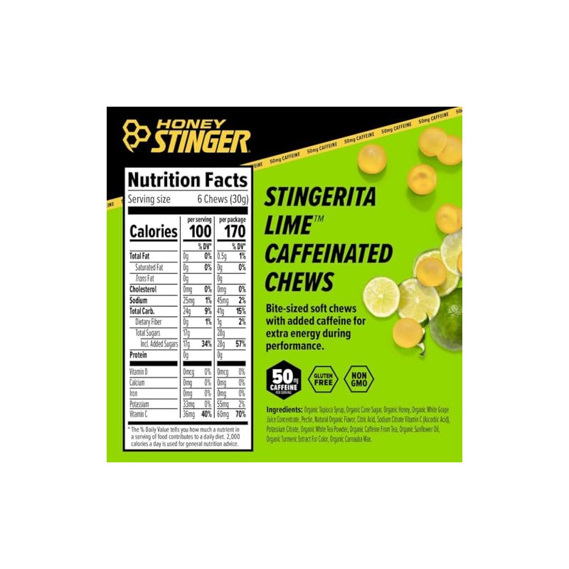Honey Stinger gomitas energéticas, cafeina 50 mg 12 pzs lima