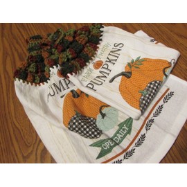Kitchen Fall Hanging Kitchen Dish Towels, Crochet Top Towel Farm Fresh Pumpkins