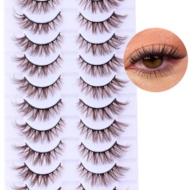 Brown Lashes Natural Cat Eye Lashes Wispy Eyelashes 16mm False Eyelashes Wispy Lashes 3D Volume Strip Eyelashes Thin Cotton Band Soft Fake Eyelashes False Lashes Pack 10 Pairs Reusable la shes