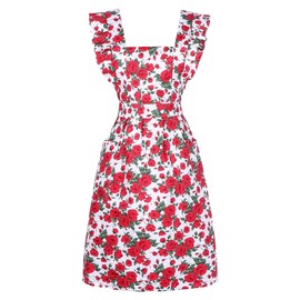 MIKI WELL Vintage Women Pink Apron Dress - Ruffles with Pockets- Floral Print Kitchen Chef Baking Garden Apron (Red)